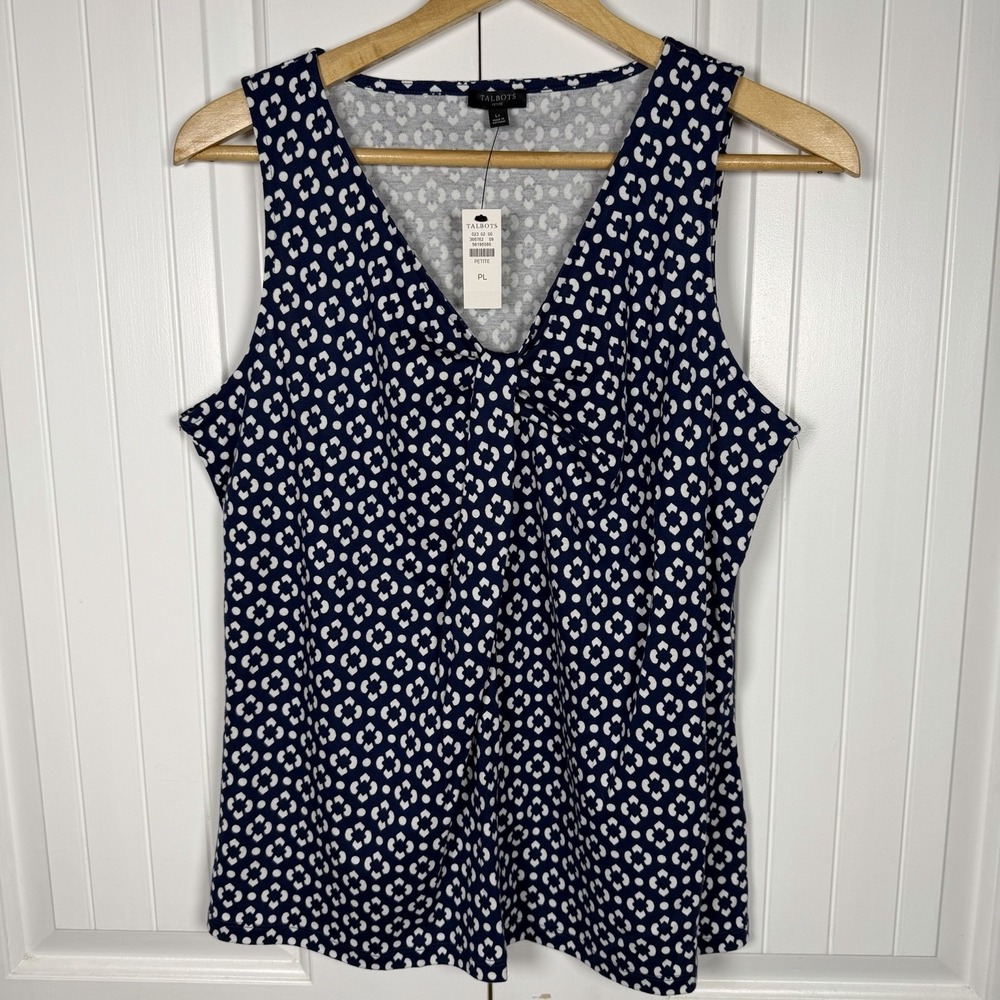 Talbots Pleated V-Neck Tank Top Women's Large Petite Blue White Geometric New